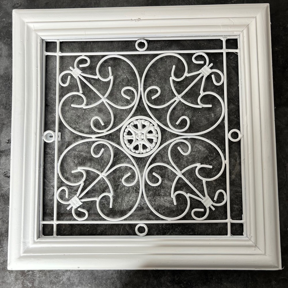 White Decorative Metal and Wood Scrollwork Wall Panel Pair | Shabby Chic Cottage
